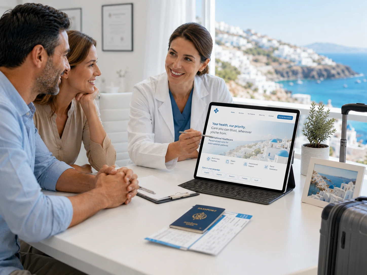 International patient reviewing treatment options on a laptop